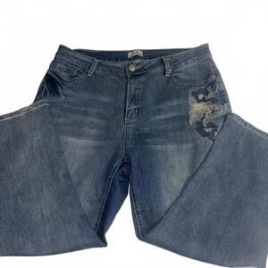 H + H Harmony & Havoc Floral Embroidered Blue Denim Jeans Womans Sz 16 RN:151651